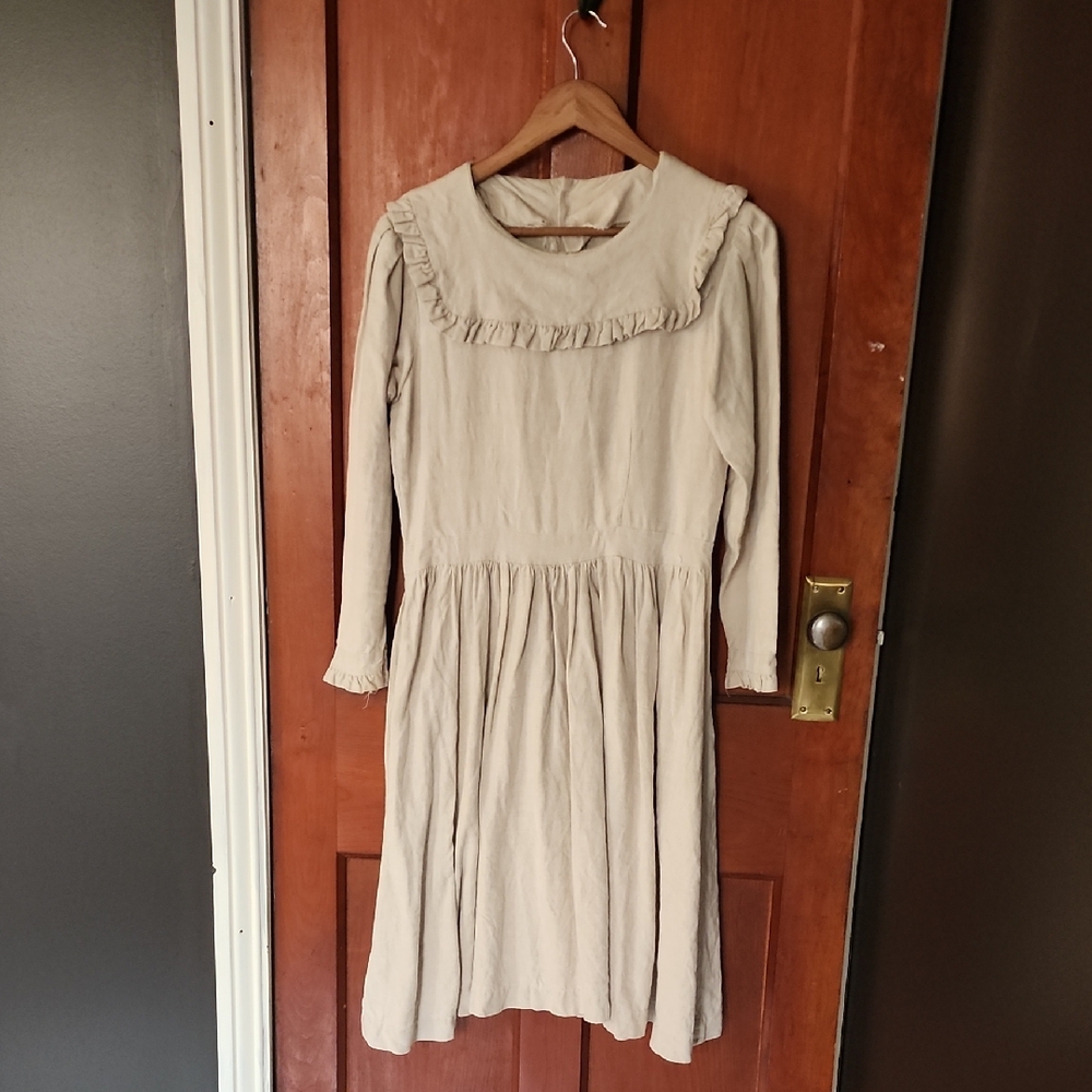 Beige Long-Sleeve Ruffle Dress